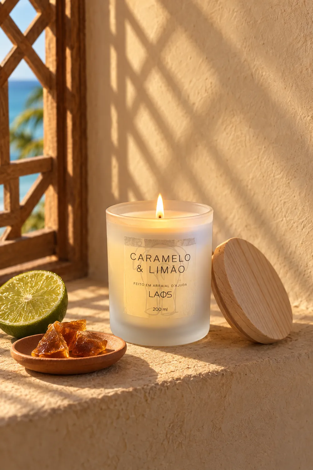 Vela Fosca Cristal Caramelo & Limão com os elementos do seu aroma