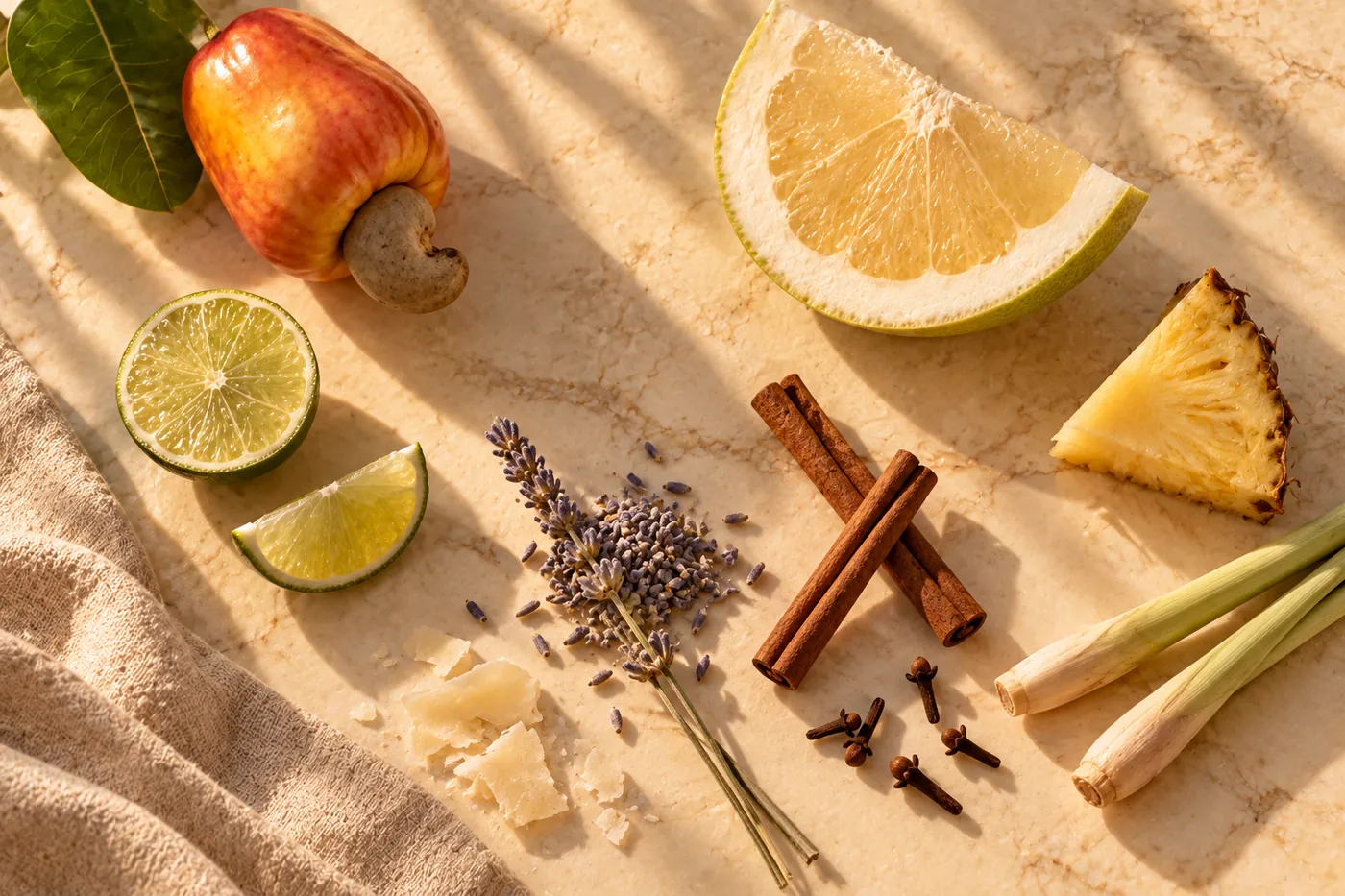 Limão, caju, pomelo, lavanda, canela e flocos de cera sobre linho