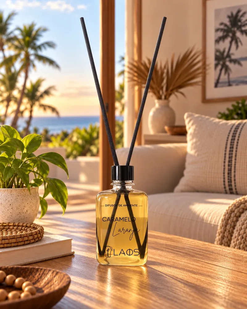 Difusor Caramelo e Laranja Cristal num ambiente de casa