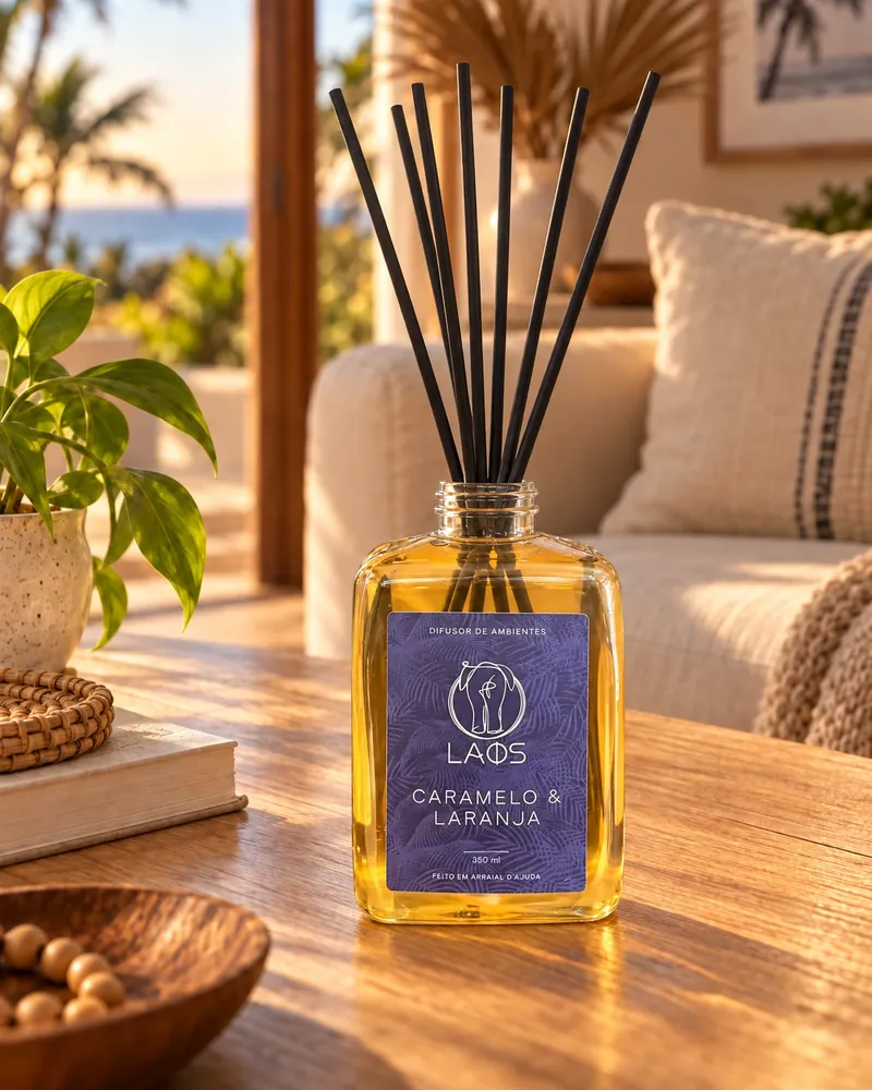 Difusor Caramelo e Laranja num ambiente de casa