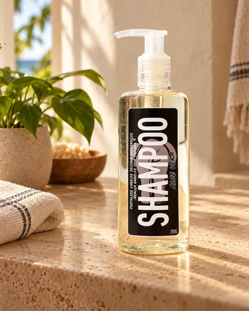 Shampoo de Aloe Vera num ambiente de casa