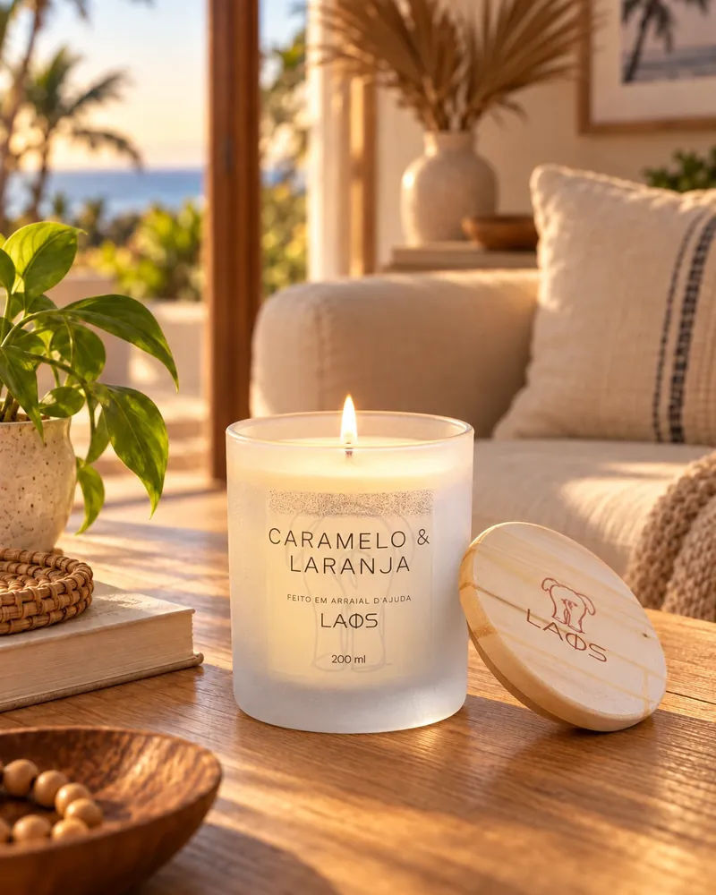 Vela Fosca Cristal Caramelo & Laranja num ambiente de casa