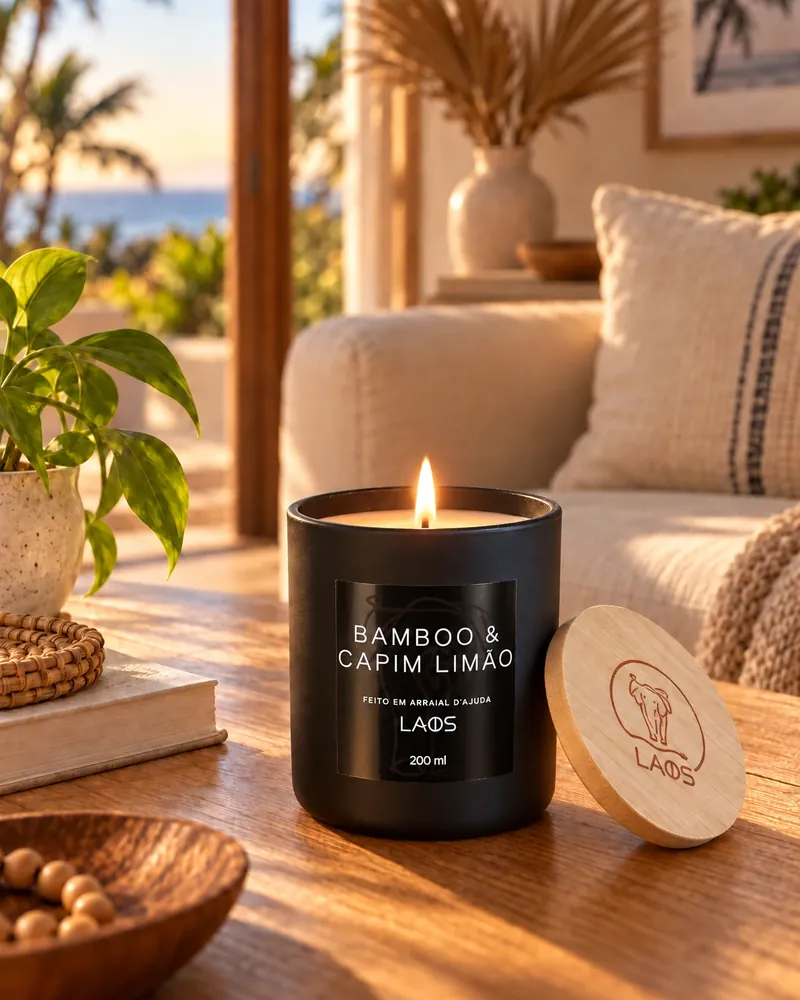 Vela Fosca Preta Bamboo & Capim num ambiente de casa