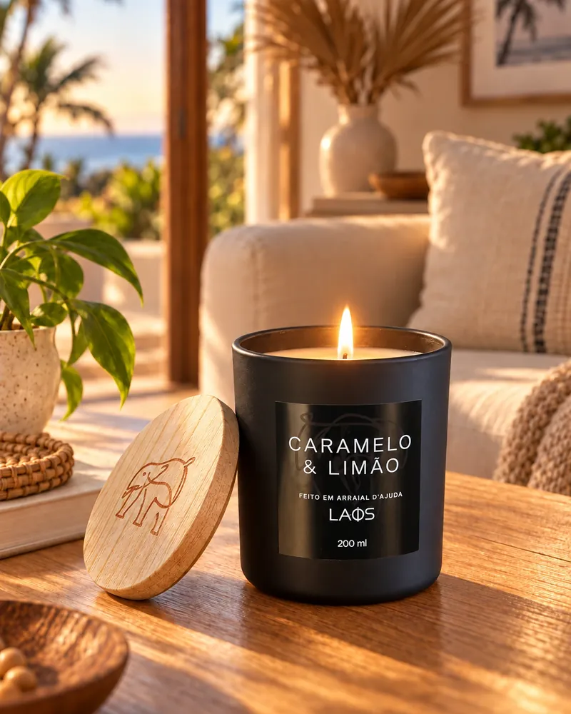 Vela Fosca Preta Caramelo & Limão num ambiente de casa