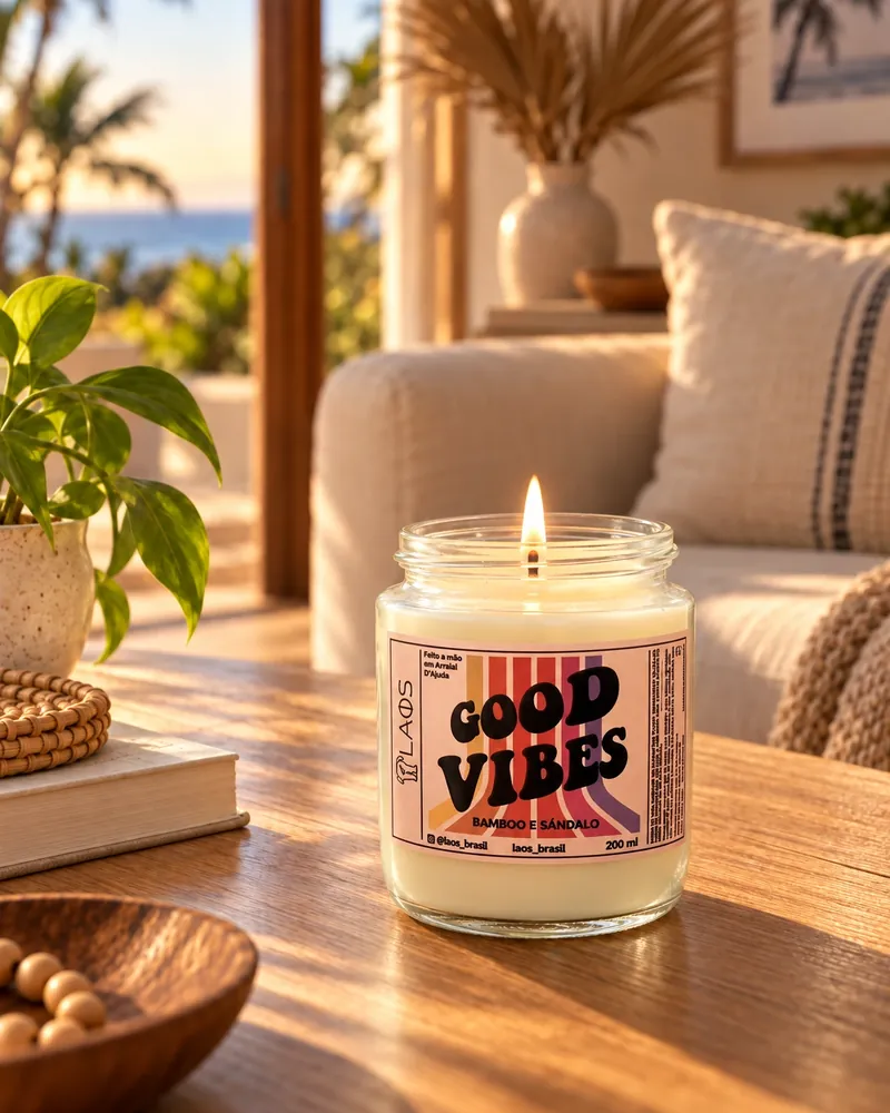 Vela Good Vibes num ambiente de casa