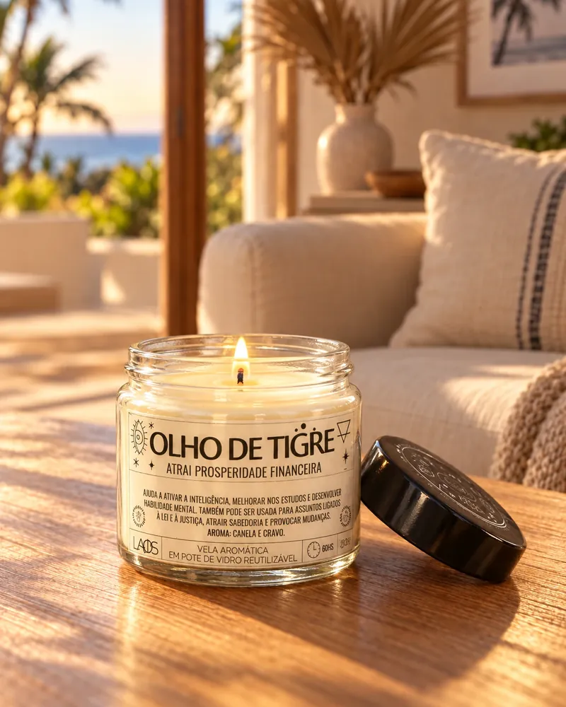 Vela Olho de Tigre num ambiente de casa