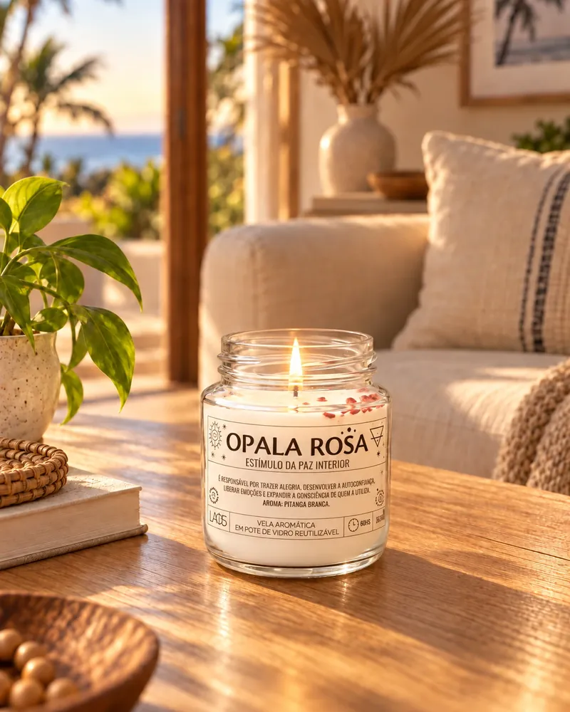 Vela Opala Rosa num ambiente de casa