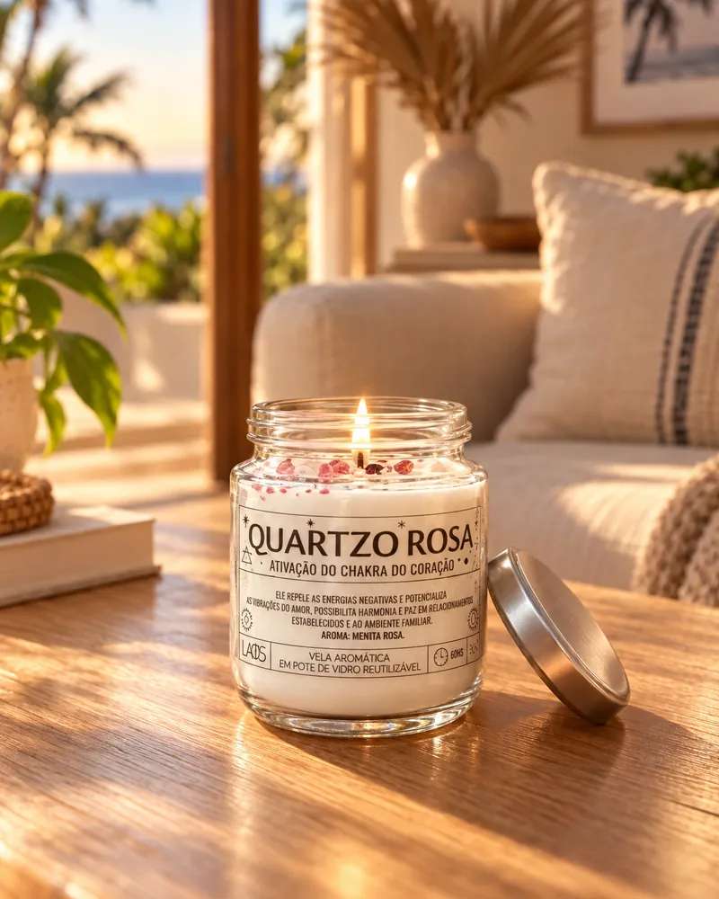 Vela Quartzo Rosa num ambiente de casa
